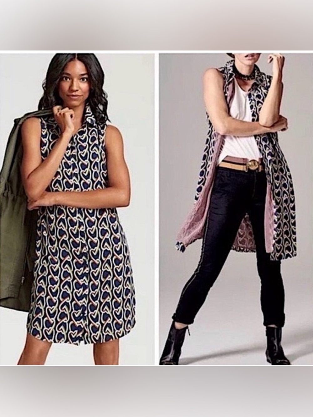 CAbi Blue Amour Boho Heart Sleeveless Shirt Dress Button‎ Front Size Medium